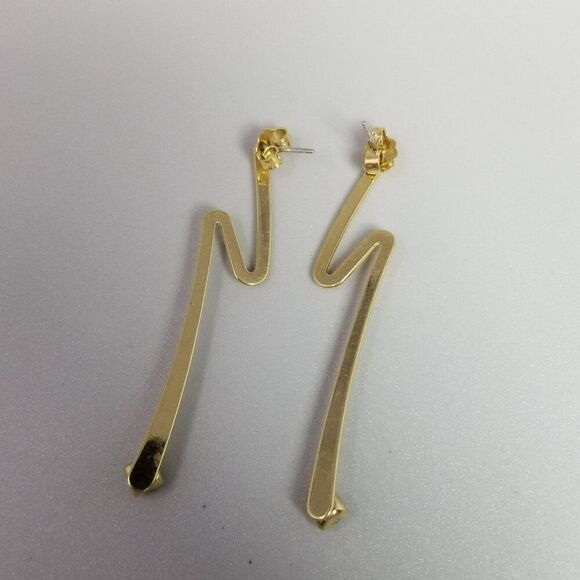 Vintage Gold Tone Zig Zag Dangle Stud Earrings, Rhinestone Accent, Retro Estate - Picture 3 of 6